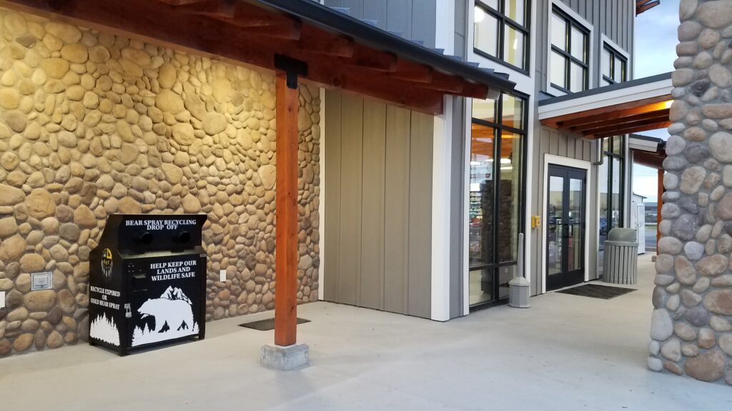 A bear spray recycling bin near the Sturgeon Station entrance.